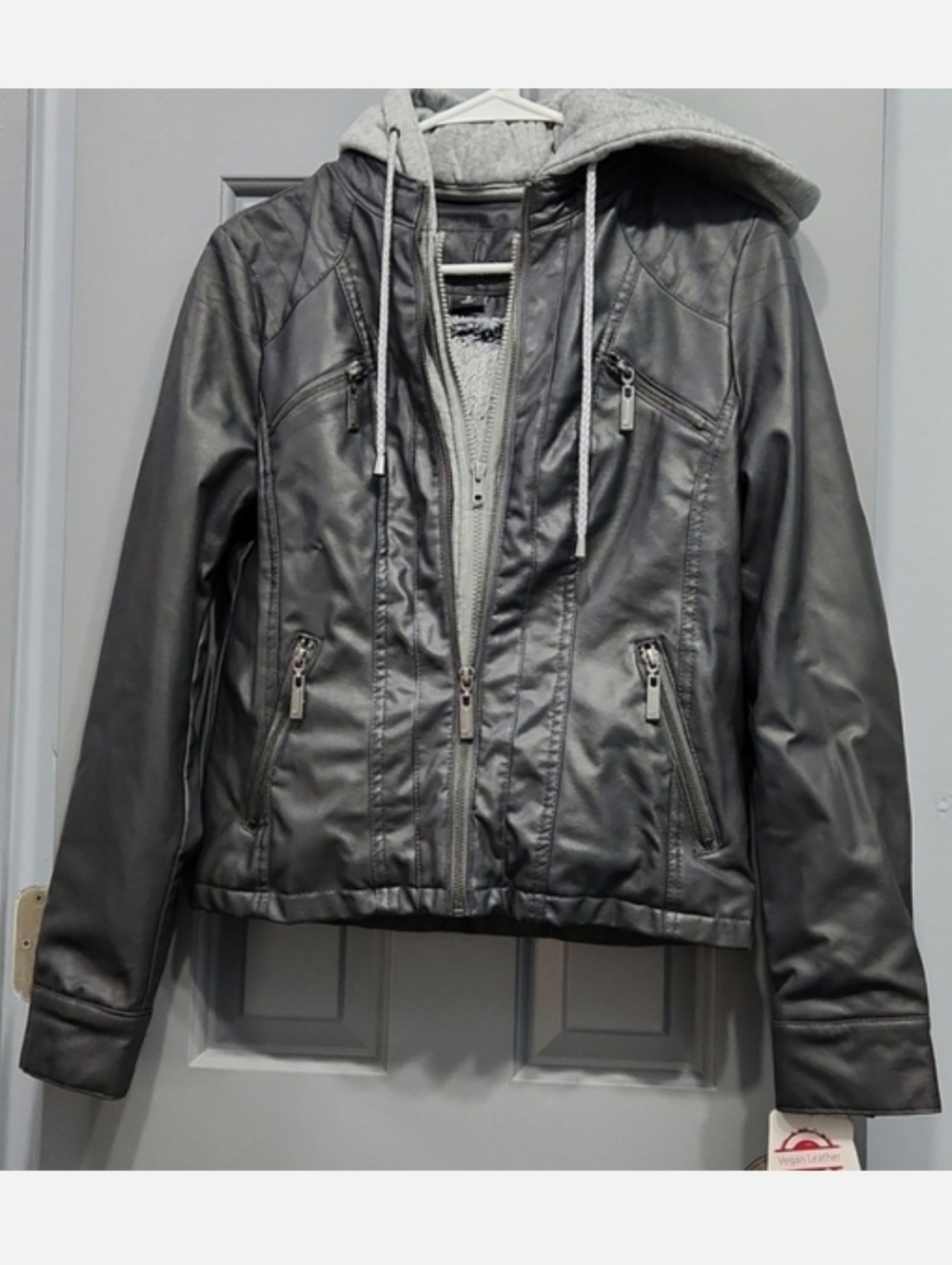 NWT J2 Gray Full Zip Hooded Vegan Faux Leather Jacket small